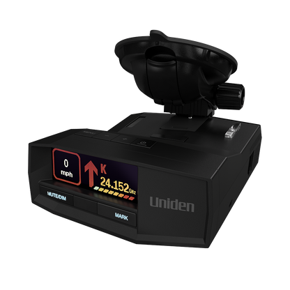 Uniden R8W radar detector top front left angle with premium suction cup and screen on