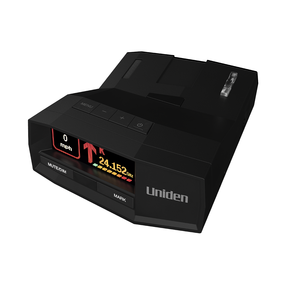 Uniden R8W radar detector top front left angled view with screen on