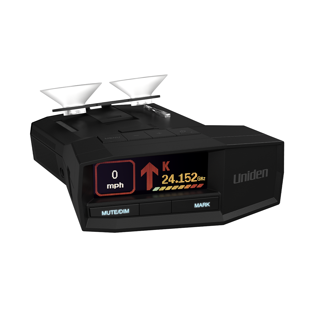 Uniden R8W radar detector top front right angle with dual suction cups and screen on