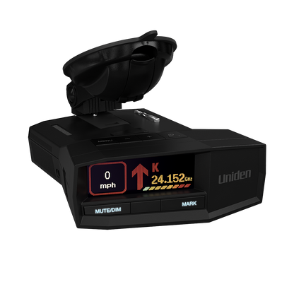 Uniden R8W radar detector top front right angle with premium suction cup and screen on