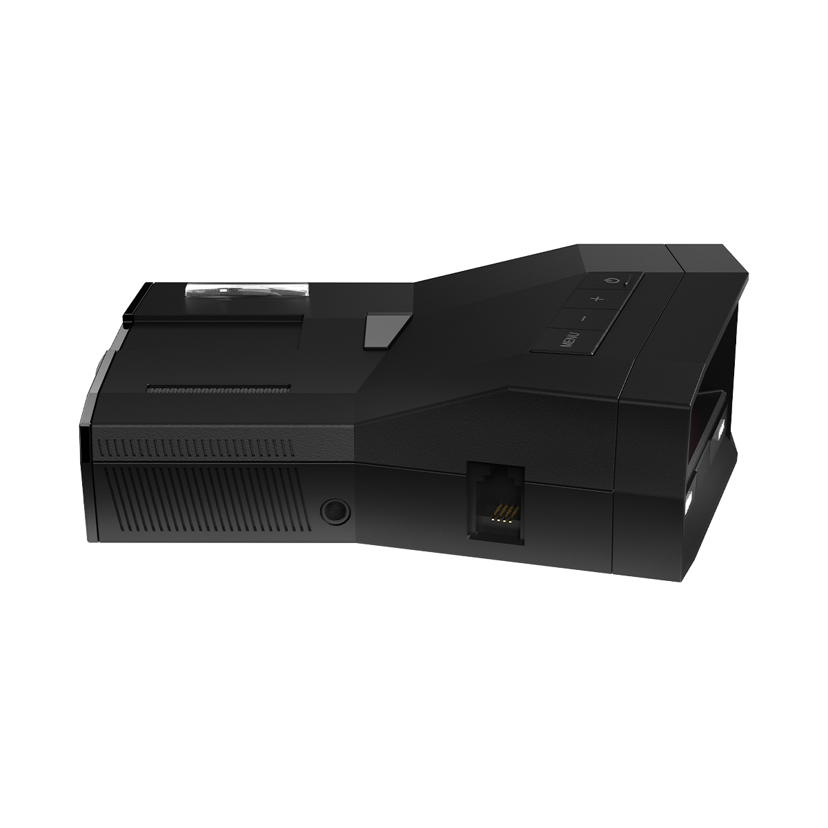 Uniden R8W radar detector top left side close-up view showing design details