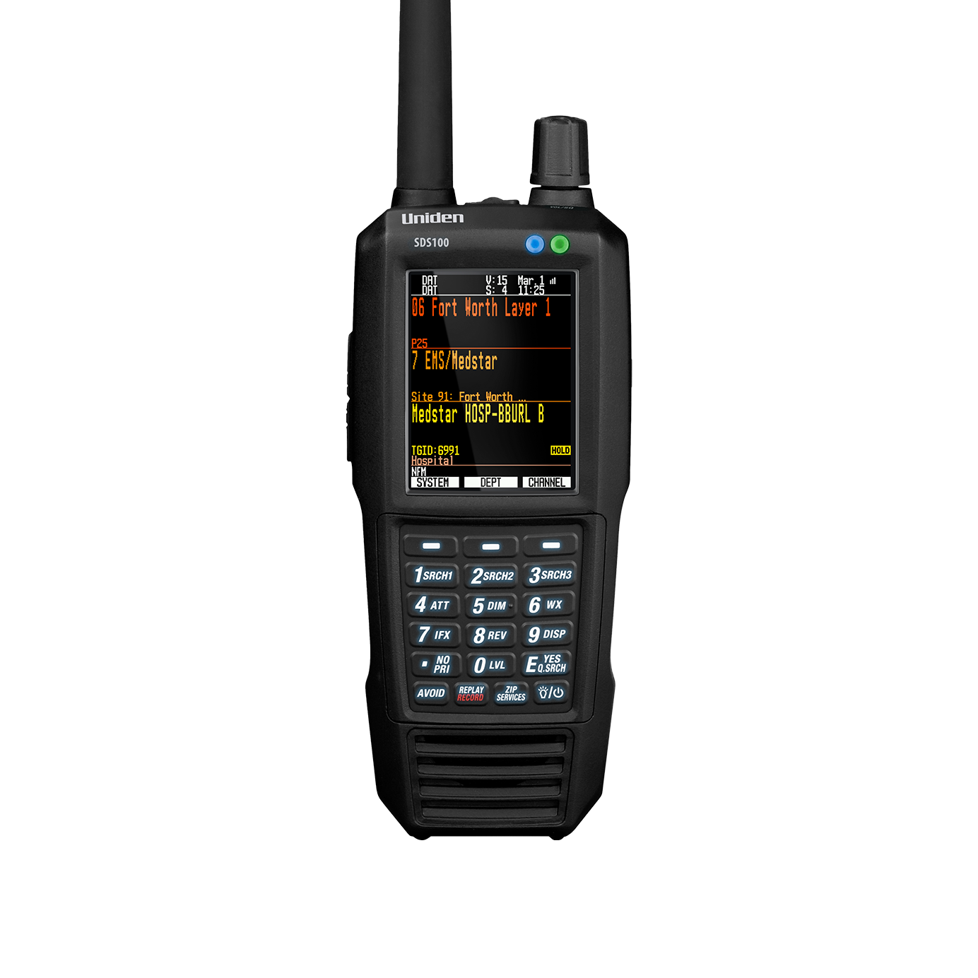 Uniden SDS100 handheld police scanner front view with bright display