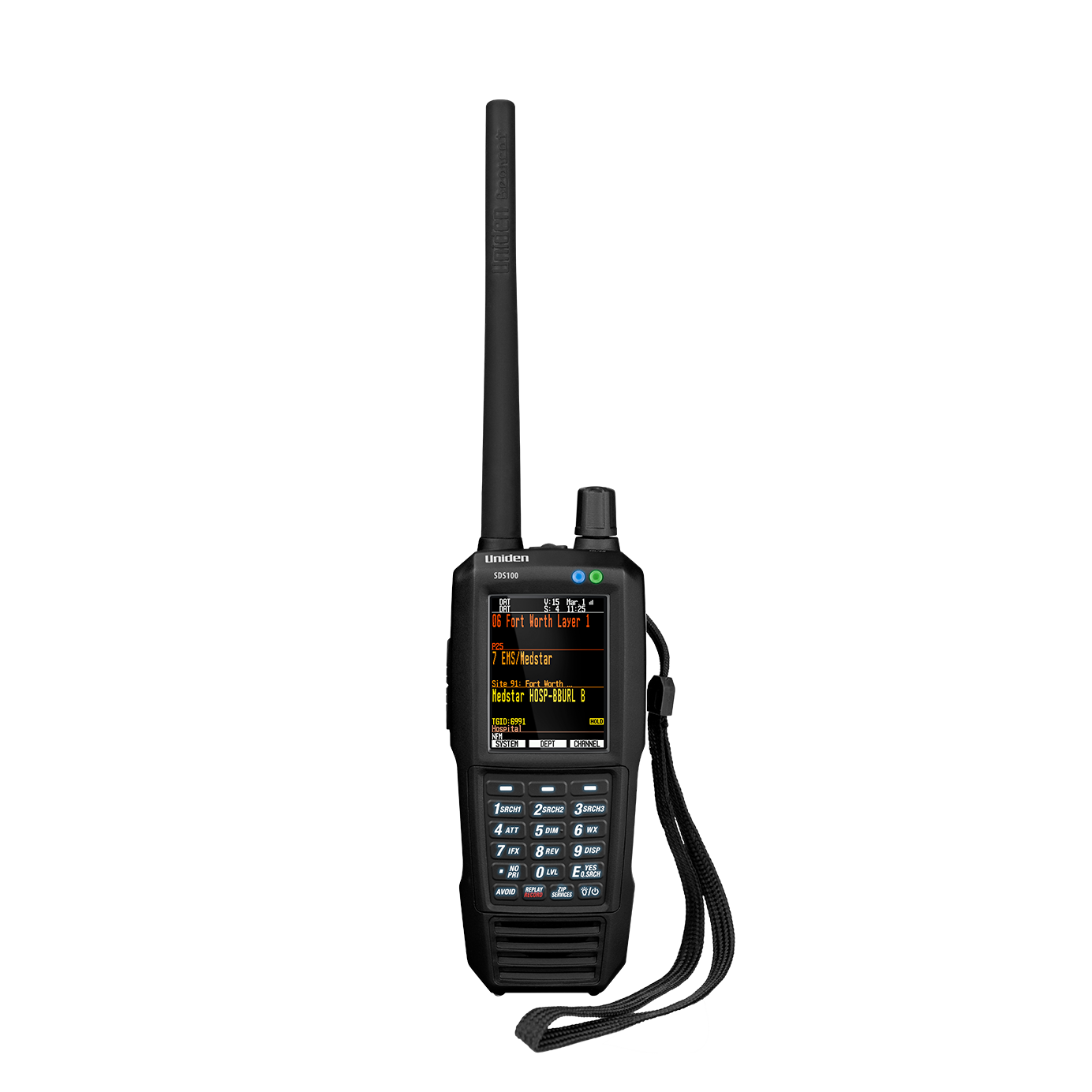 Uniden SDS100 police scanner wide front view with screen on and hand strap