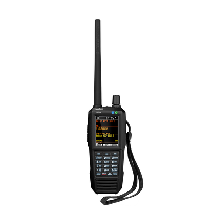 Uniden SDS100 police scanner wide front view with screen on and hand strap