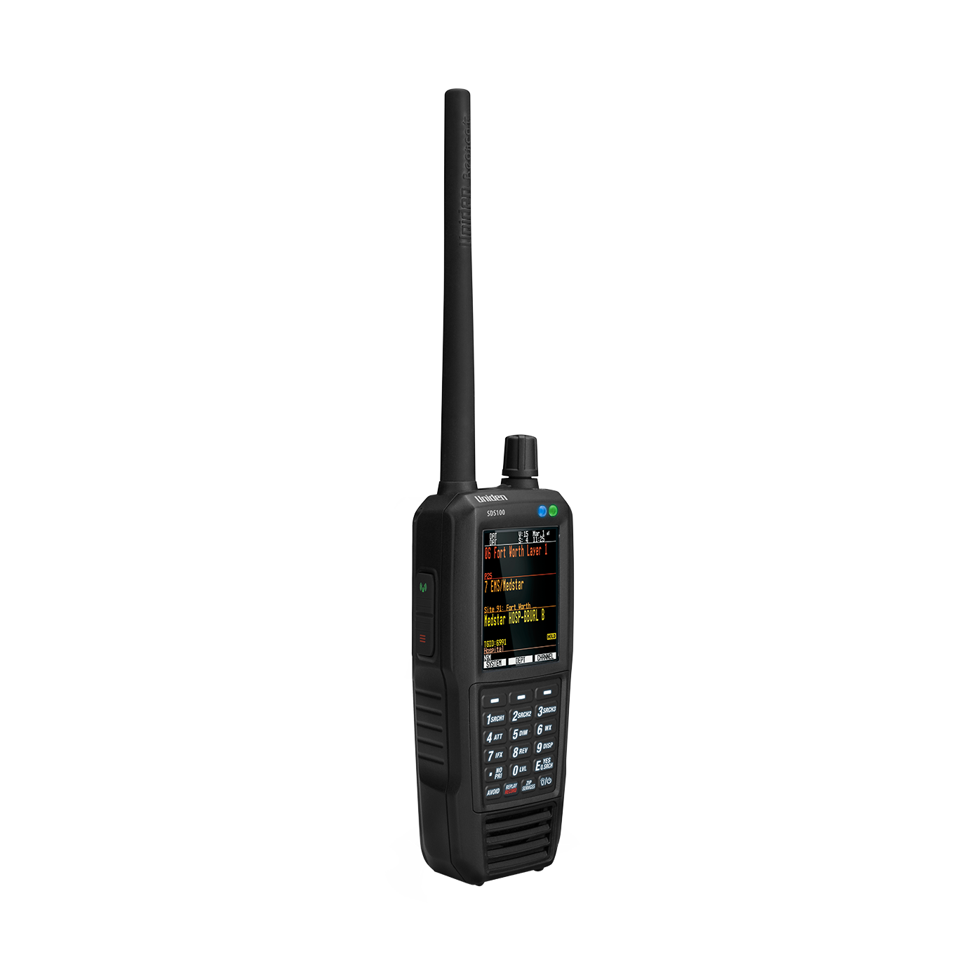 Uniden SDS100 police scanner wide left front view with screen on