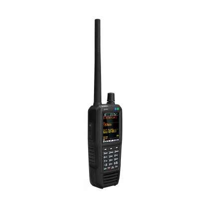 Uniden SDS100 police scanner wide left front view with screen on