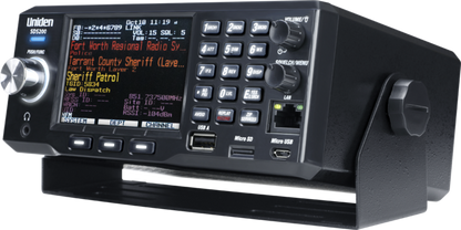 3 true IQ and trade trunktracker x base Uniden SDS200 closeup at left tilt showing illuminated front display screen