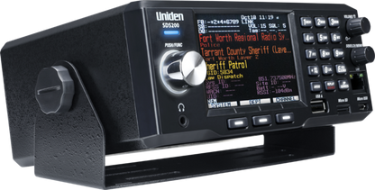 true IQ and trade trunktracker x base Uniden SDS200 closeup at right tilt showing illuminated front display screen