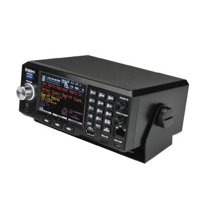 Uniden SDS200 scanner at front top left angle showing tilted display screen illuminated