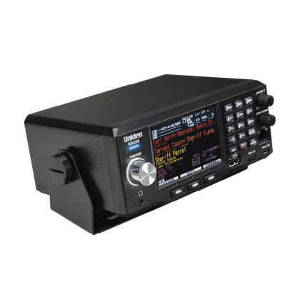 Uniden SDS200 scanner at front top right angle with tilted display screen illuminated