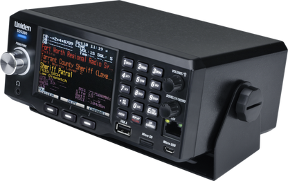 4 true IQ and trade trunktracker x base Uniden SDS200 top angled front view with left-tilted display screen illuminated